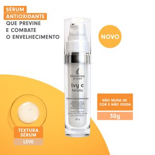 O sérum antioxidante Ivy C Ferulic contém Vitamina C Pura nanoencapsulada, Ácido Ferúlico e Ácido Hialurônico